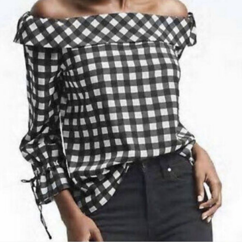 Banana Republic Off The Shoulders 3/4 Sleeve Plaid Blouse Size Large